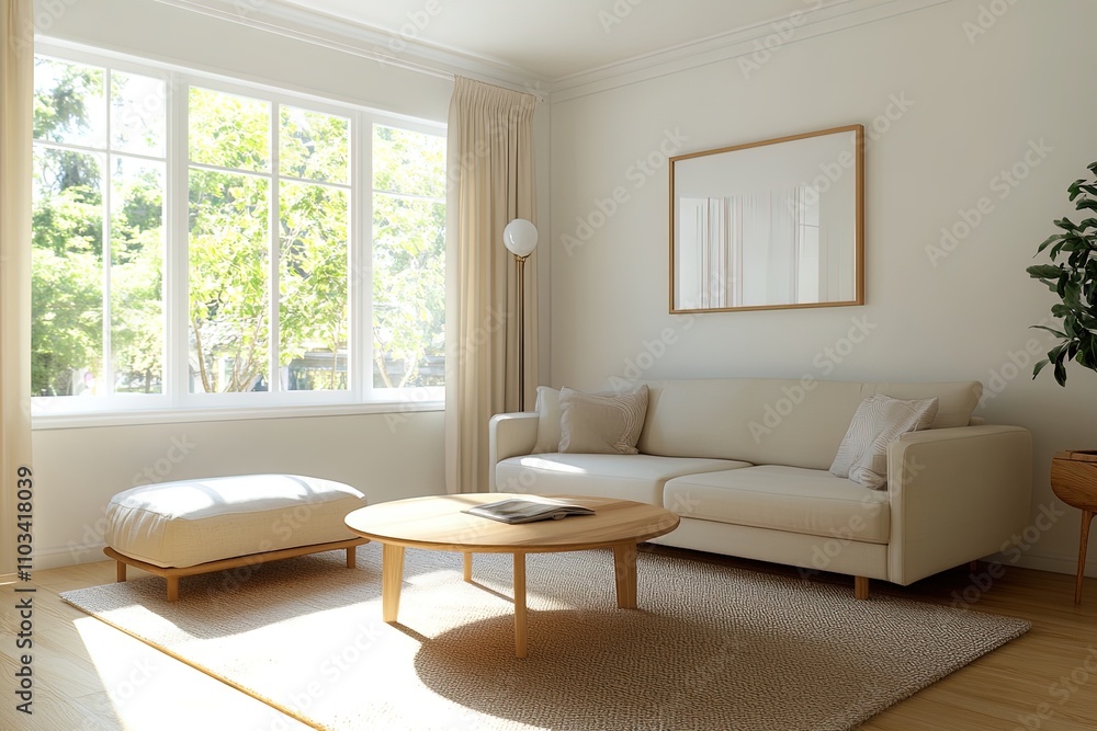 Fototapeta premium Bright and airy living room with modern furniture, large windows, and soft decor elements