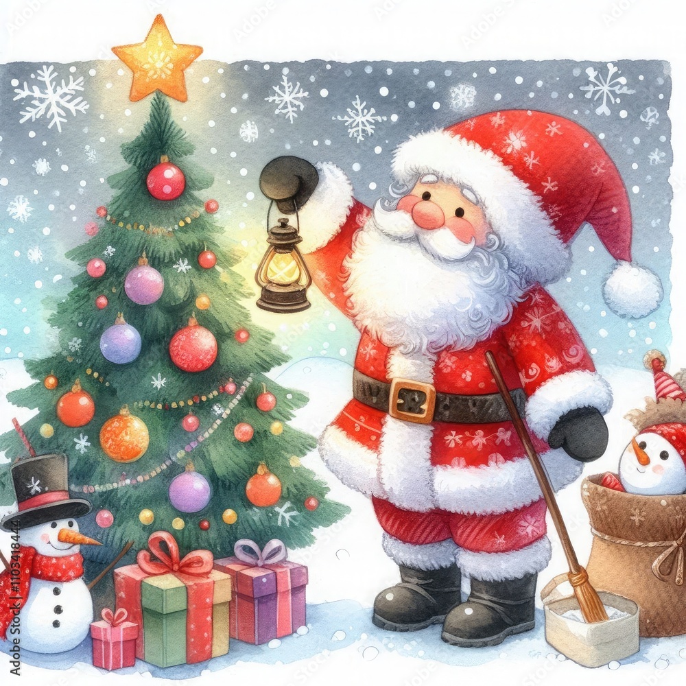 illustration of Santa decorates the Christmas tree in style of childlike watercolor illustration of Santa decorates the Christmas tree in style of childlike watercolor