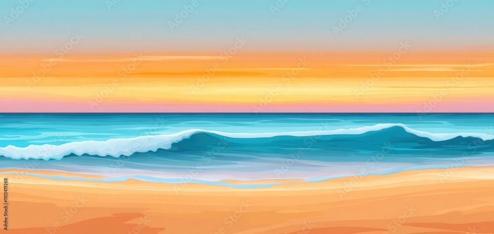 Fototapeta premium Tranquil Seascape at Sunset with Gentle Waves and Soft Sands in Vibrant Hues of Orange, Pink, and Blue Over a Calm Ocean Horizon