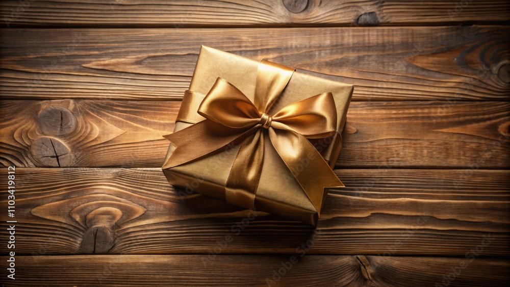 Elegant Craft Paper Box with Shiny Satin Ribbon Bow on Wooden Background - Perfect Top View of a Birthday or Christmas Gift for Holiday Celebrations Elegant Craft Paper Box with Shiny Satin Ribbon Bow on Wooden Background - Perfect Top View of a Birthday or Christmas Gift for Holiday Celebrations