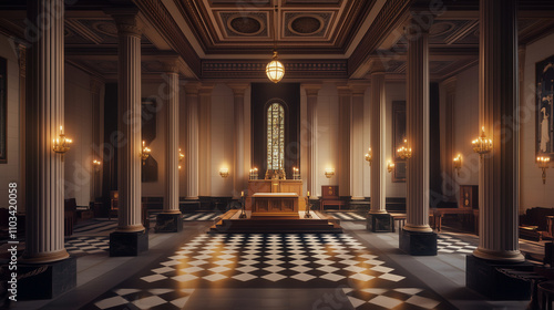 A Masonic lodge interior with ornate columns, checkerboard flooring, and a central altar illuminated by soft candlelight
