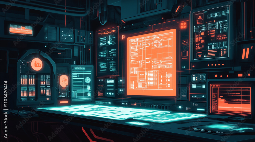 Fototapeta premium screen of digital elements with floating windows icons and lines of code representing a high-tech workspace