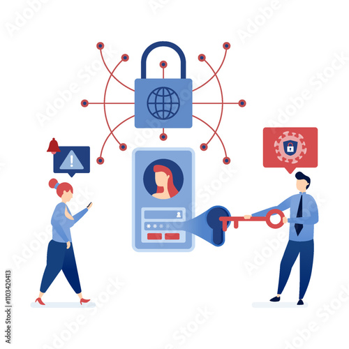 vector illustration of People logging into accounts with biometric security, such as facial recognition and fingerprint scans, connected to the internet for enhanced data protection