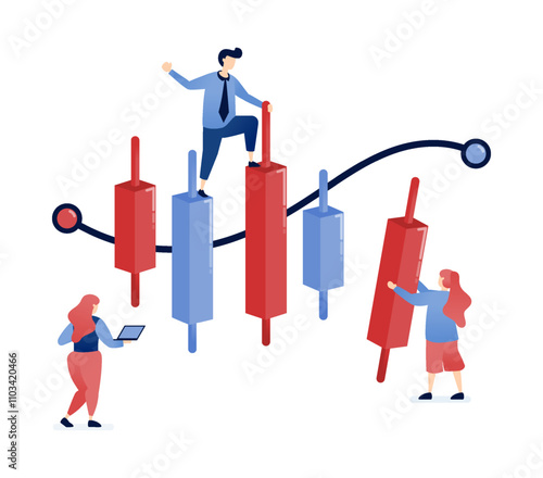 vector illustration of People analyzing candlestick charts in the stock market, using high-risk investment strategies, managing financial risks, and navigating market volatility for high returns