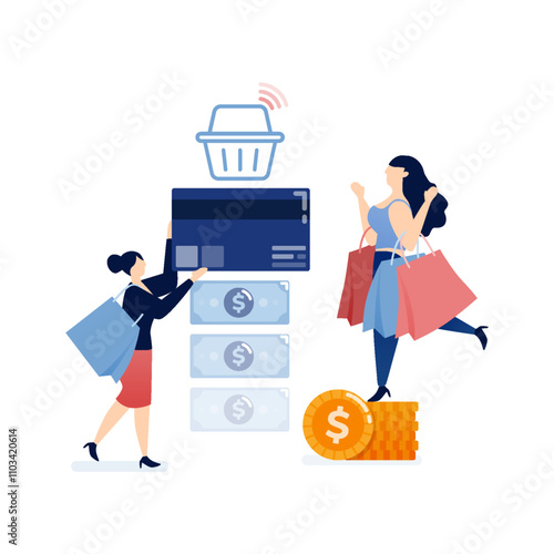 vector illustration of Women spending money online, summing up piles of cash and filling shopping baskets, engaging in excessive online retail therapy, representing consumerism and financial behavior