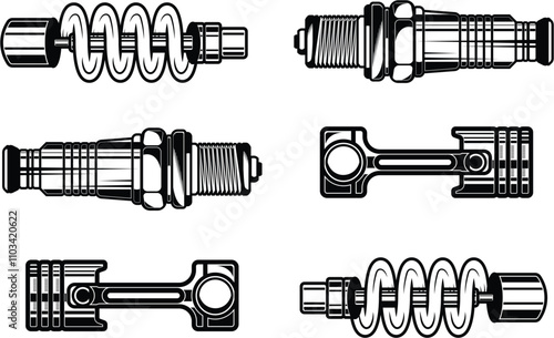 Collection of Detailed Car Parts Illustrations in Black and White