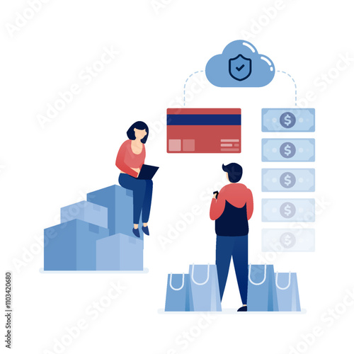vector illustration of People accessing credit cards and cloud-based banking services for secure online shopping transactions, purchases, and financial payments