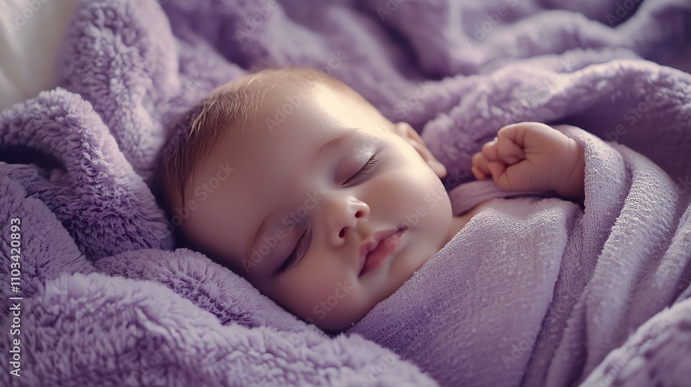 A baby sleeping peacefully in a purple blanket. A baby sleeping peacefully in a purple blanket.
