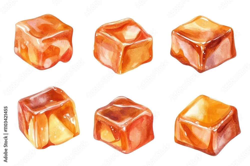 Delicious Caramel Toffee: Watercolor Hand Drawn Set on White Background Delicious Caramel Toffee: Watercolor Hand Drawn Set on White Background