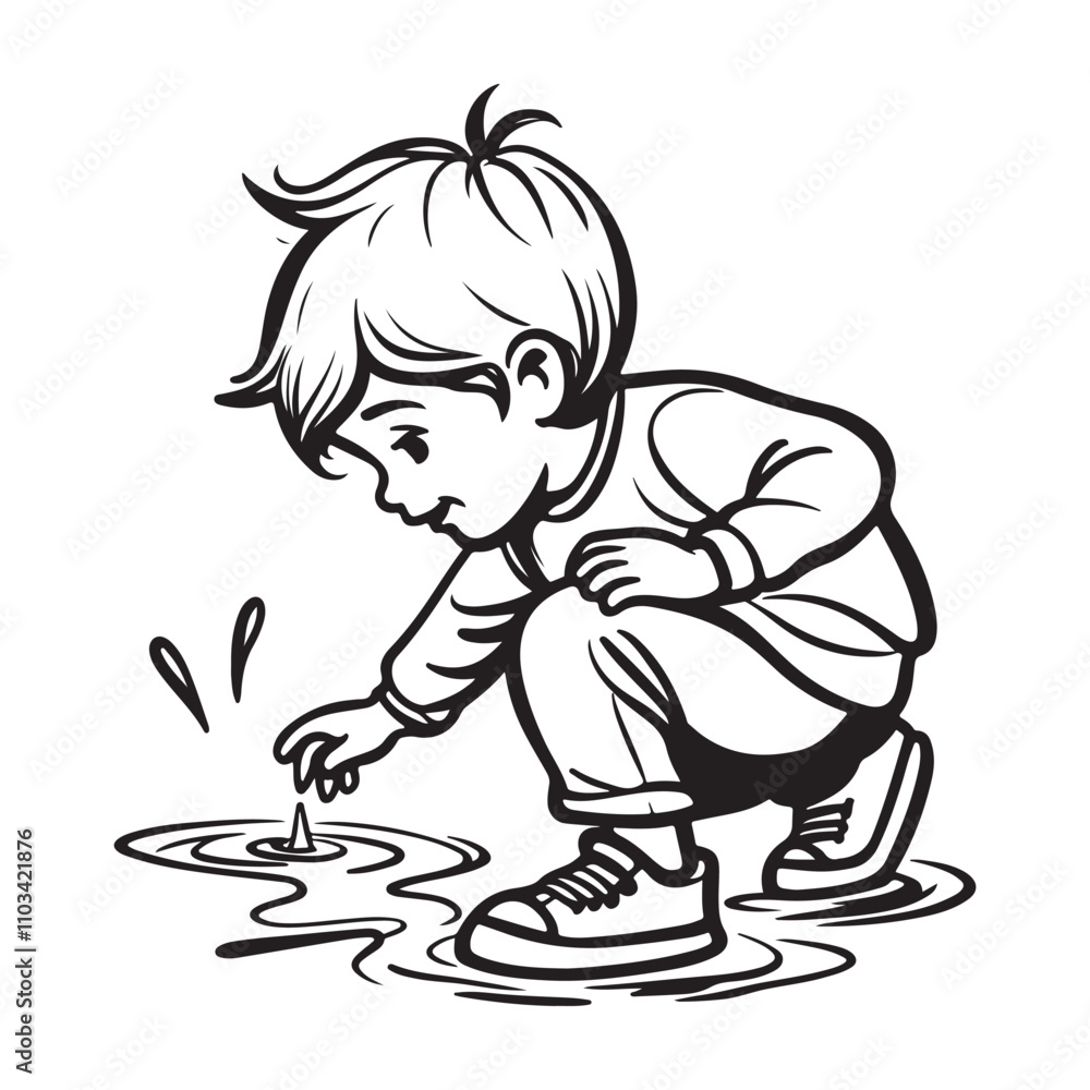 One continuous single hand drawing black line art doodle of a child playing in a puddle illustration on white background One continuous single hand drawing black line art doodle of a child playing in a puddle illustration on white background