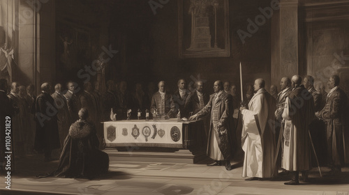 Wallpaper Mural A ritual scene showing Freemasons gathered around an altar, with one member kneeling and receiving a ceremonial sword Torontodigital.ca