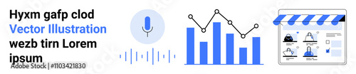 Microphone icon with sound waves, bar graph and line chart, online shop display, and dummy text. Ideal for e-commerce, data analysis, online marketing, SEO, voice search business growth digital
