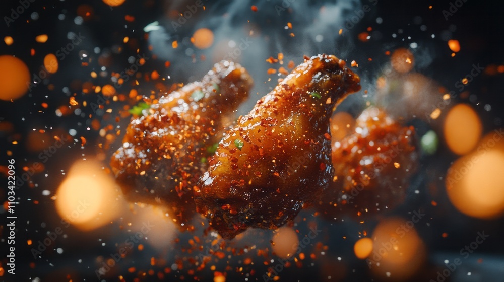 Close-up of crispy chicken wing with chili glaze Close-up of crispy chicken wing with chili glaze