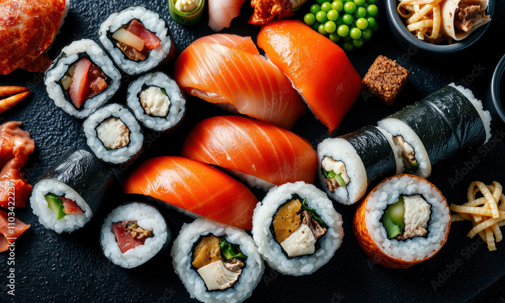 Delicious sushi set featuring various rolls, sashimi, and garnishes, showcasing vibrant colors and fresh ingredients, perfect for culinary experience Delicious sushi set featuring various rolls, sashimi, and garnishes, showcasing vibrant colors and fresh ingredients, perfect for culinary experience