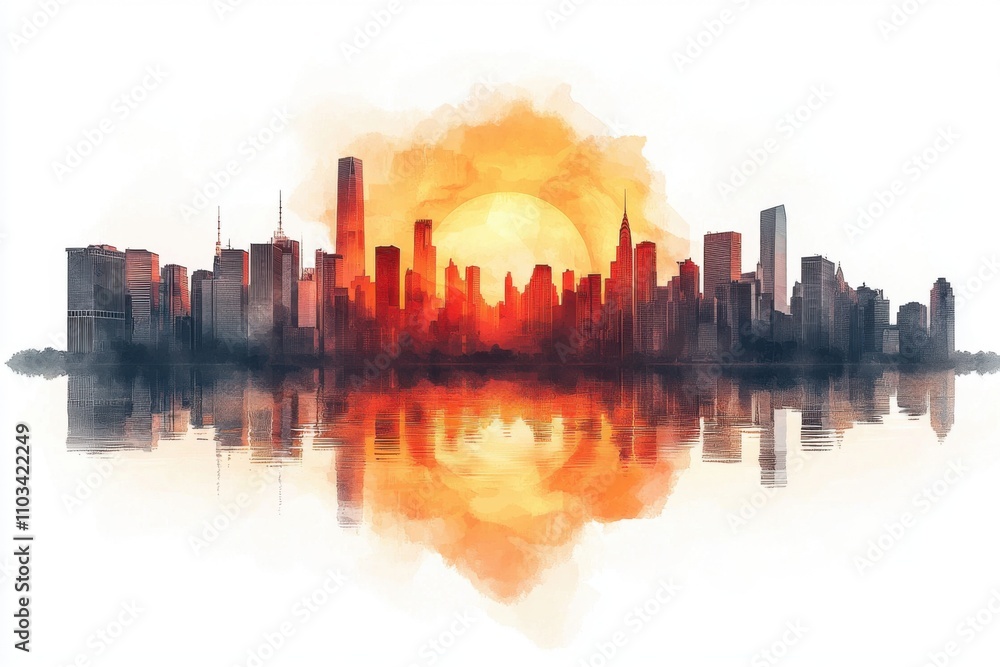 Fototapeta premium Urban aerial view digital art of sunset skyline reflections