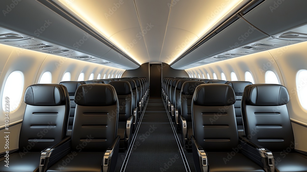 An empty airplane cabin with rows of black seats. An empty airplane cabin with rows of black seats.