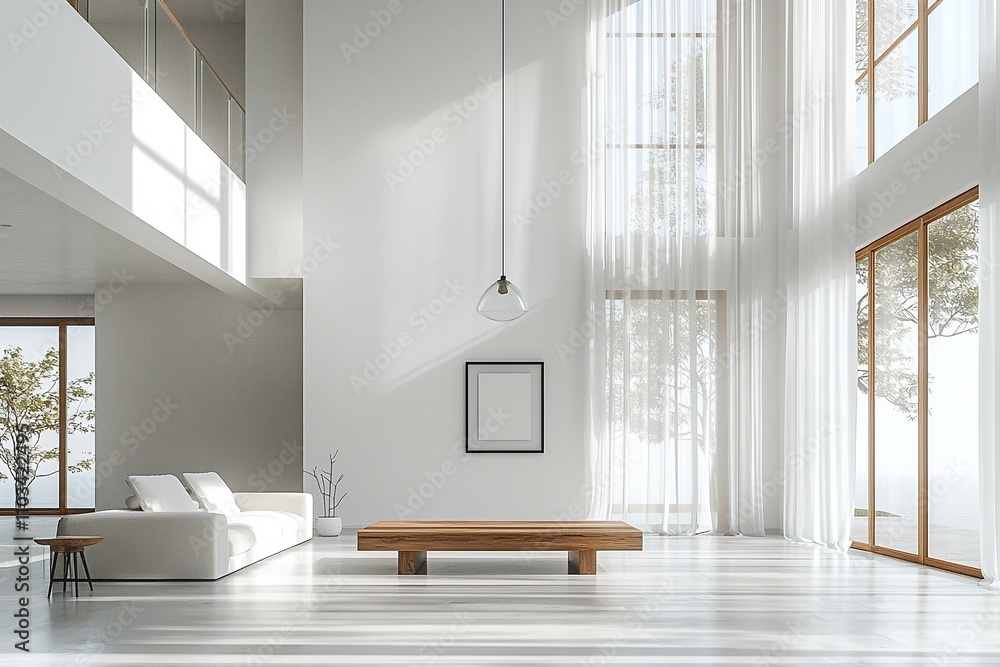 Fototapeta premium A living room photo of a spacious living room with a Scandinavian interior and a japandi interior combination. Generative AI