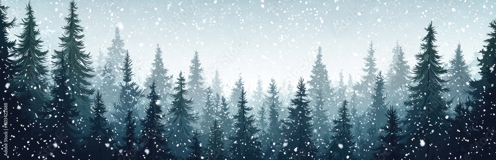Obraz premium Silhouetted pine trees in a snowy winter forest.