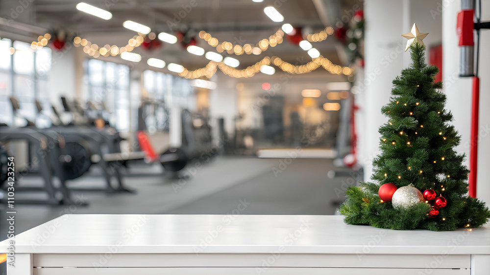 Empty White desk space and blurry background of fitness gym, Christmas decorated concept Empty White desk space and blurry background of fitness gym, Christmas decorated concept