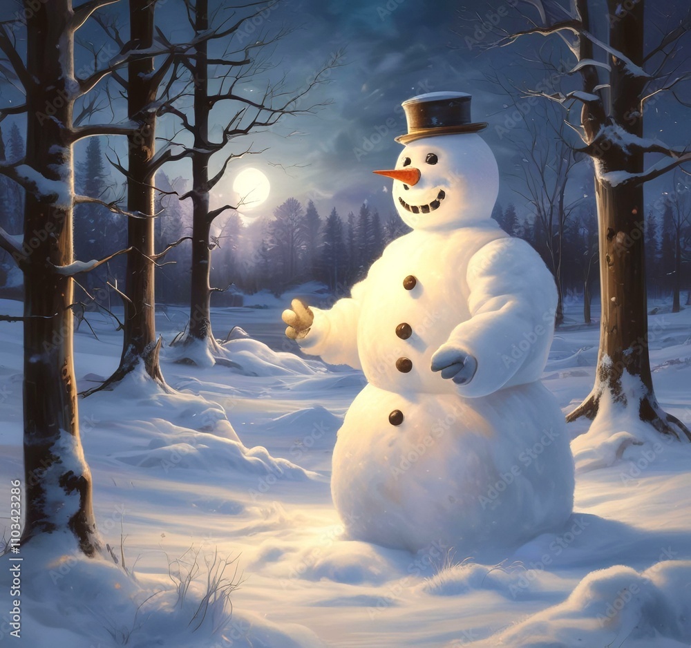 Fototapeta premium Illustration of winter landscape with funny snowoman.