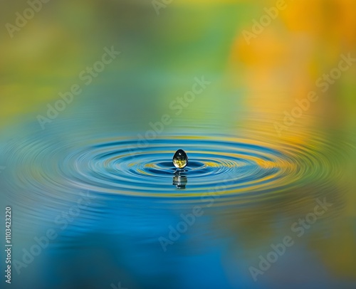 A single water droplet in sharp focus captured mid-air as it touches the surface of calm water creating gentle ripples