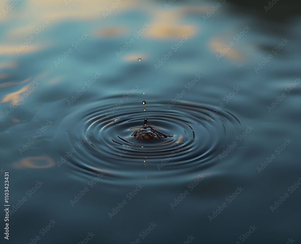 A single water droplet in sharp focus captured mid-air as it touches the surface of calm water creating gentle ripples A single water droplet in sharp focus captured mid-air as it touches the surface of calm water creating gentle ripples