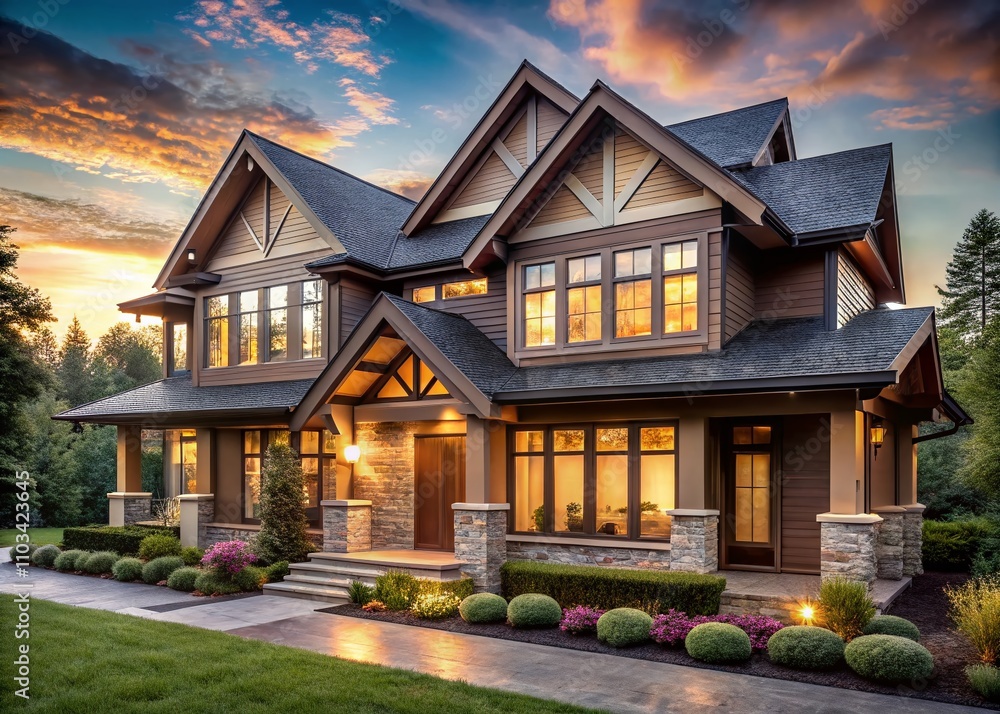 Captivating Craftsman Home Blending Modern Luxury with Angular Rooflines and Expansive Windows, Showcasing a Unique Mix of Materials in a Bokeh Effect Setting Captivating Craftsman Home Blending Modern Luxury with Angular Rooflines and Expansive Windows, Showcasing a Unique Mix of Materials in a Bokeh Effect Setting