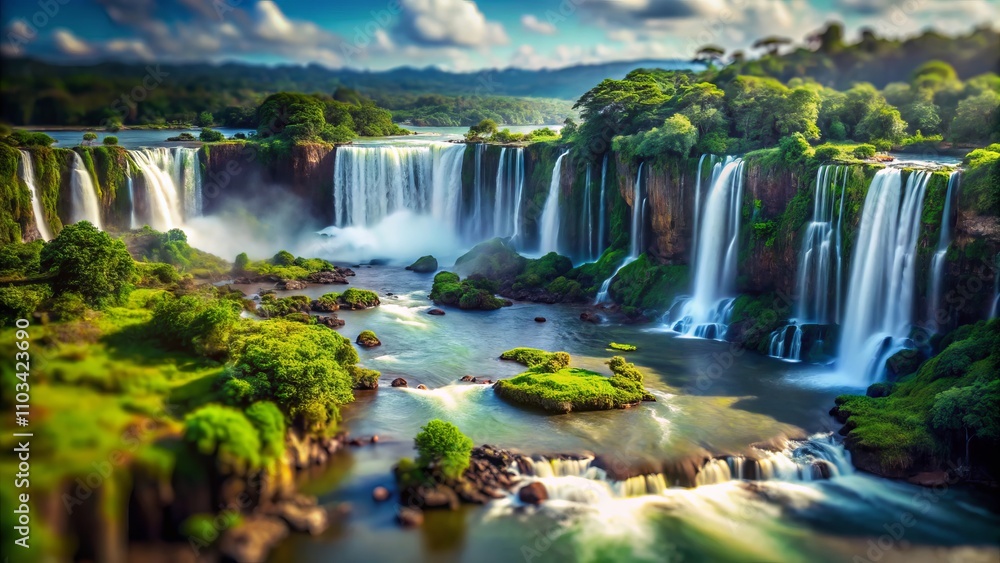 Obraz premium Enchanting Tilt-Shift View of the Brazilian Side of Iguazu Falls in Parana Province, Showcasing Lush Greenery and Majestic Waterfalls with a Miniature Effect