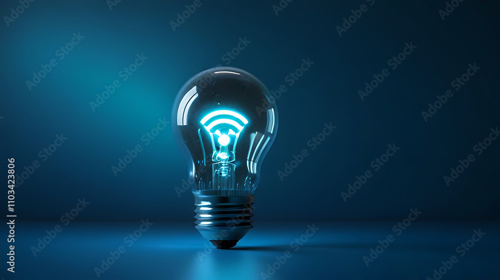 Light Bulb with Glowing Wi-Fi Symbol, Wi-Fi symbol, wireless technology, blue gradient background. Light bulb with wifi symbol is glowing on blue background Light Bulb with Glowing Wi-Fi Symbol, Wi-Fi symbol, wireless technology, blue gradient background. Light bulb with wifi symbol is glowing on blue background