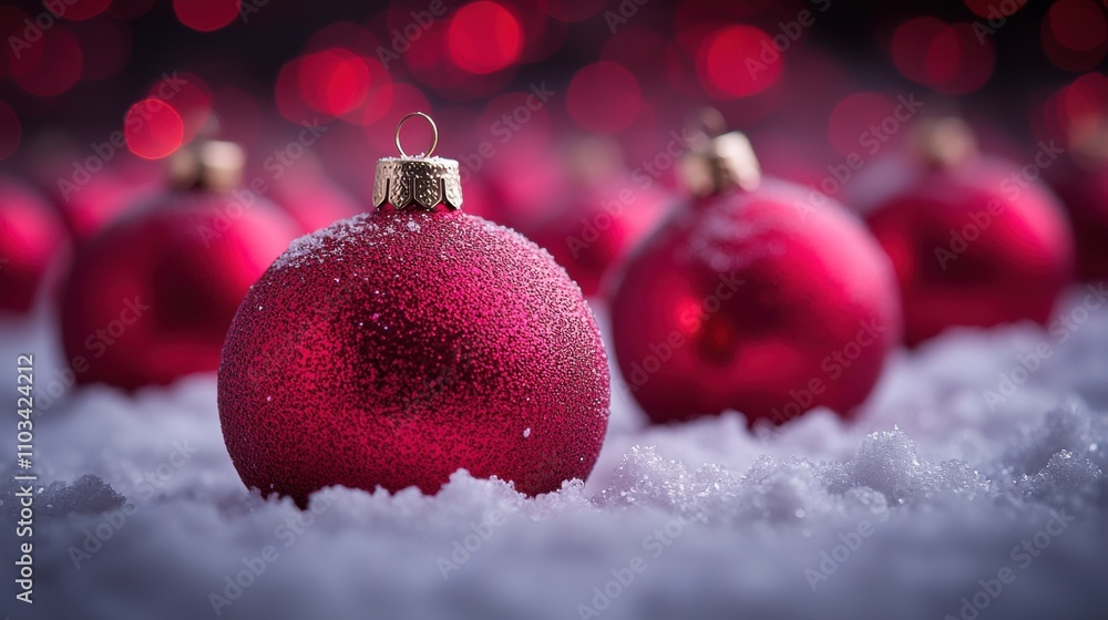 A row of red Christmas ornaments are sitting on a snow background A row of red Christmas ornaments are sitting on a snow background