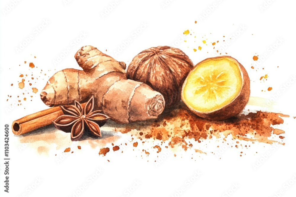 Watercolor Spices Set. Hand-drawn Illustration of Aromatic Nutmeg, Ginger, Cinnamon, and Star Anise on White Background Watercolor Spices Set. Hand-drawn Illustration of Aromatic Nutmeg, Ginger, Cinnamon, and Star Anise on White Background