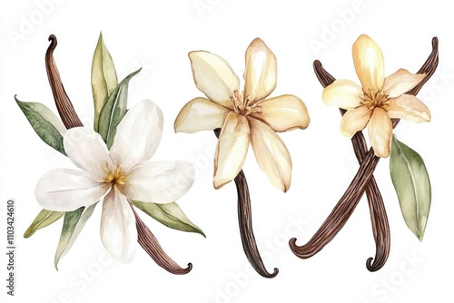 Fototapeta Naklejka Na Ścianę i Meble -  Watercolor Vanilla Blossom Set. Exotic Illustration of Sweet Aromatic Pods and Flowers