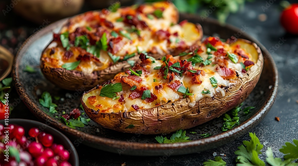 Baked potato skins with cheese and bacon Baked potato skins with cheese and bacon
