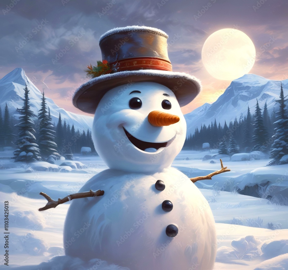 Obraz premium Illustration of winter landscape with funny snowoman.