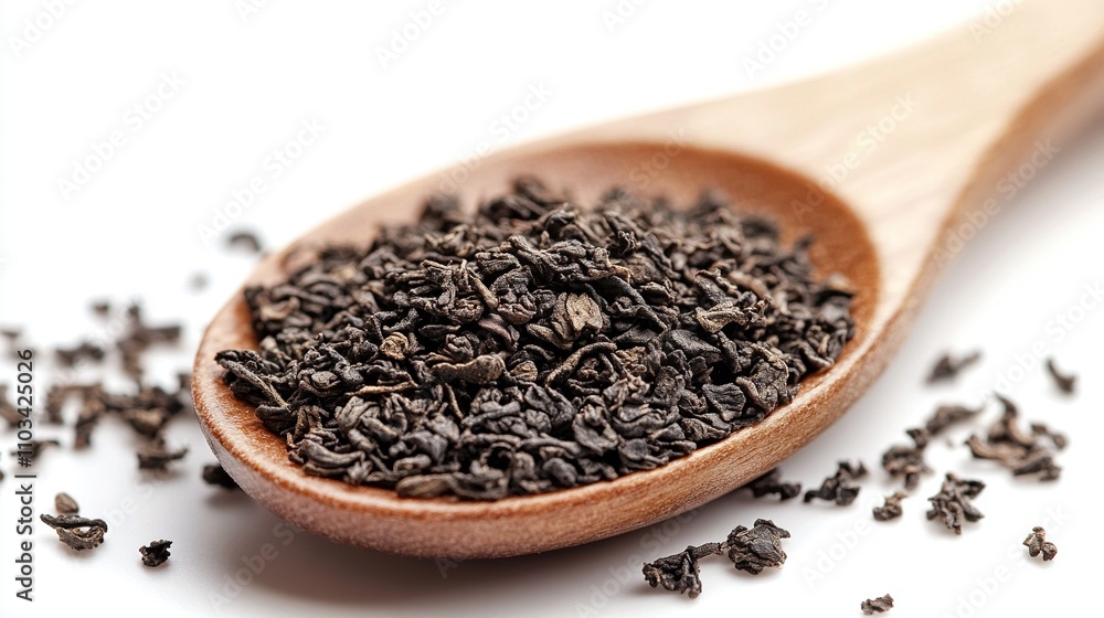 A wooden spoon filled with dark, dry seeds against a clean white background. A wooden spoon filled with dark, dry seeds against a clean white background.