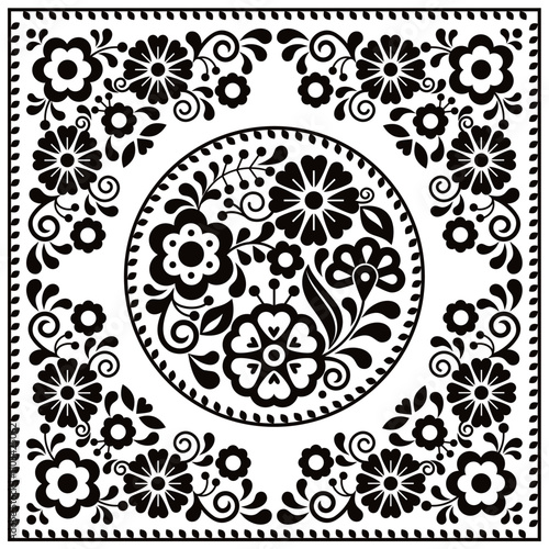 Mexican folk art style vector greeting card design with round floral pattern in frame, floral embroidery style from Mexico in black and white Non AI generated
 