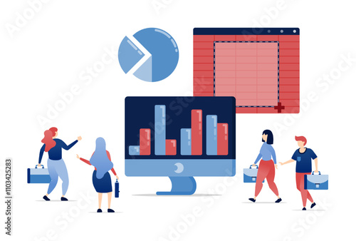 vector illustration of People analyzing bar charts on large monitors for business review and accounting planning in corporate settings with spreadsheets for growth