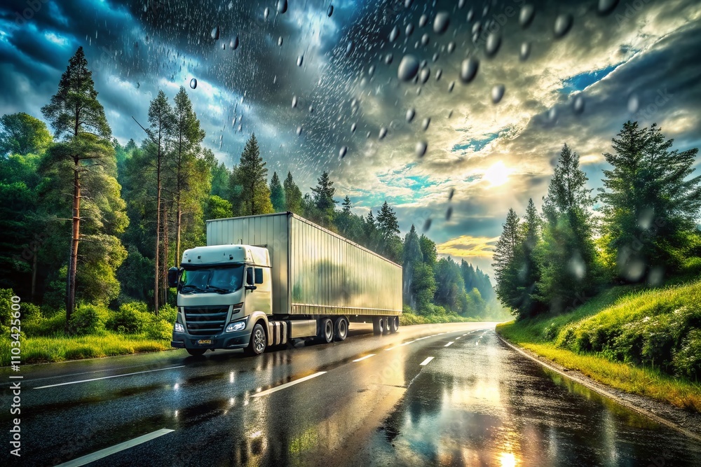 Naklejka premium Captivating Double Exposure of a Freight Truck on a Rainy Road, Merging Nature's Elements with Urban Transport in a Unique Artistic Style