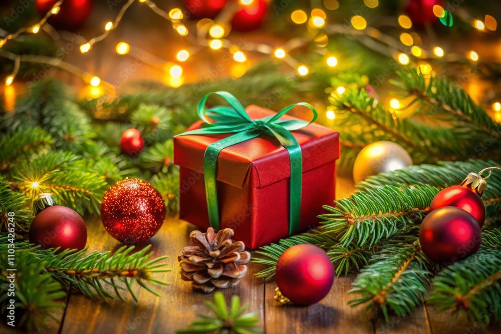 Festive Red Christmas Present Box Surrounded by Fir Tree Branches and Colorful Decorations in a Tilt-Shift Photography Style for a Unique Holiday Experience Festive Red Christmas Present Box Surrounded by Fir Tree Branches and Colorful Decorations in a Tilt-Shift Photography Style for a Unique Holiday Experience