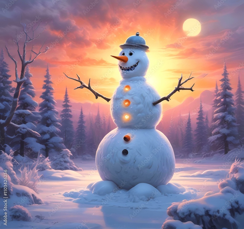 Obraz premium Illustration of winter landscape with funny snowoman.