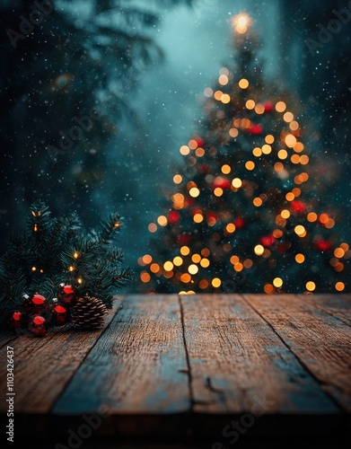 A cozy winter scene with a wooden table, pine branches, and a beautifully lit Christmas tree.