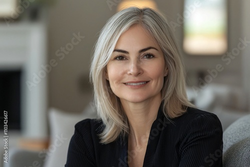 Confident Mature Woman Smiling Portrait Home Interior