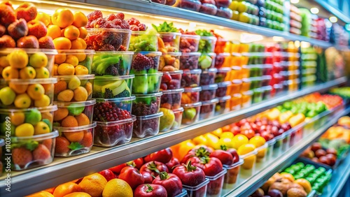 Fresh Fruit Packages in a Commercial Refrigerator Showcasing a Colorful Variety of Produce, Perfect for Grocery Stores and Farmers' Markets, Highlighting the Importance of Freshness and Quality