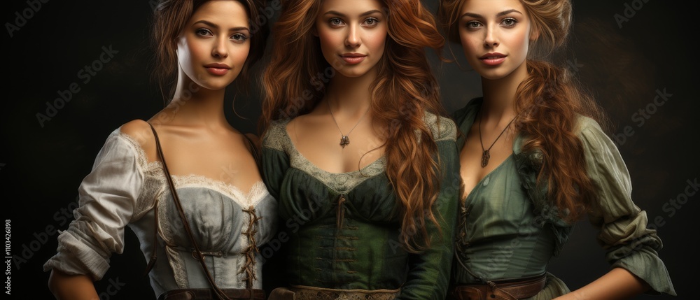 Fototapeta premium Three Women in Elegant Historical Costumes Posing Together