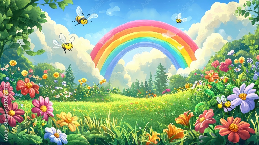 Fototapeta premium A Rainbow Arcs Over a Lush Meadow with Bees and Flowers