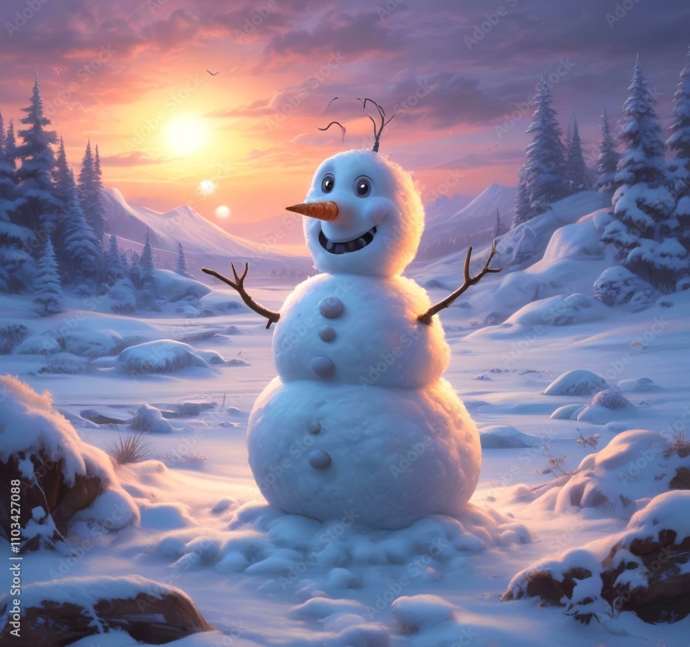 Obraz premium Illustration of winter landscape with funny snowoman.