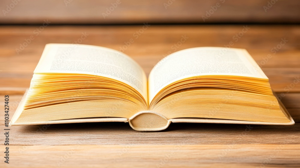 An open book rests on a wooden surface, showcasing its yellowed pages and textured spine, This image is ideal for educational materials, articles about literature, or book-themed designs,