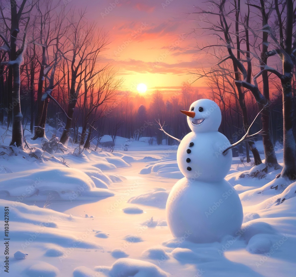 Fototapeta premium Illustration of winter landscape with funny snowoman.