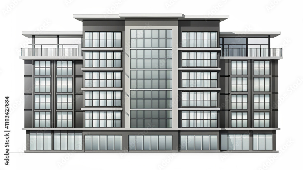 A sleek and minimalist flat icon of a modern condominium building with large glass windows, depicted in grayscale tones A sleek and minimalist flat icon of a modern condominium building with large glass windows, depicted in grayscale tones
