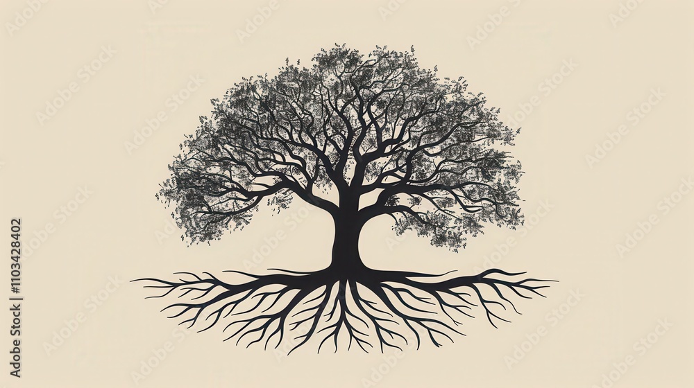 Obraz premium Black tree silhouette with intricate branch and root system creating mirror effect on light beige background